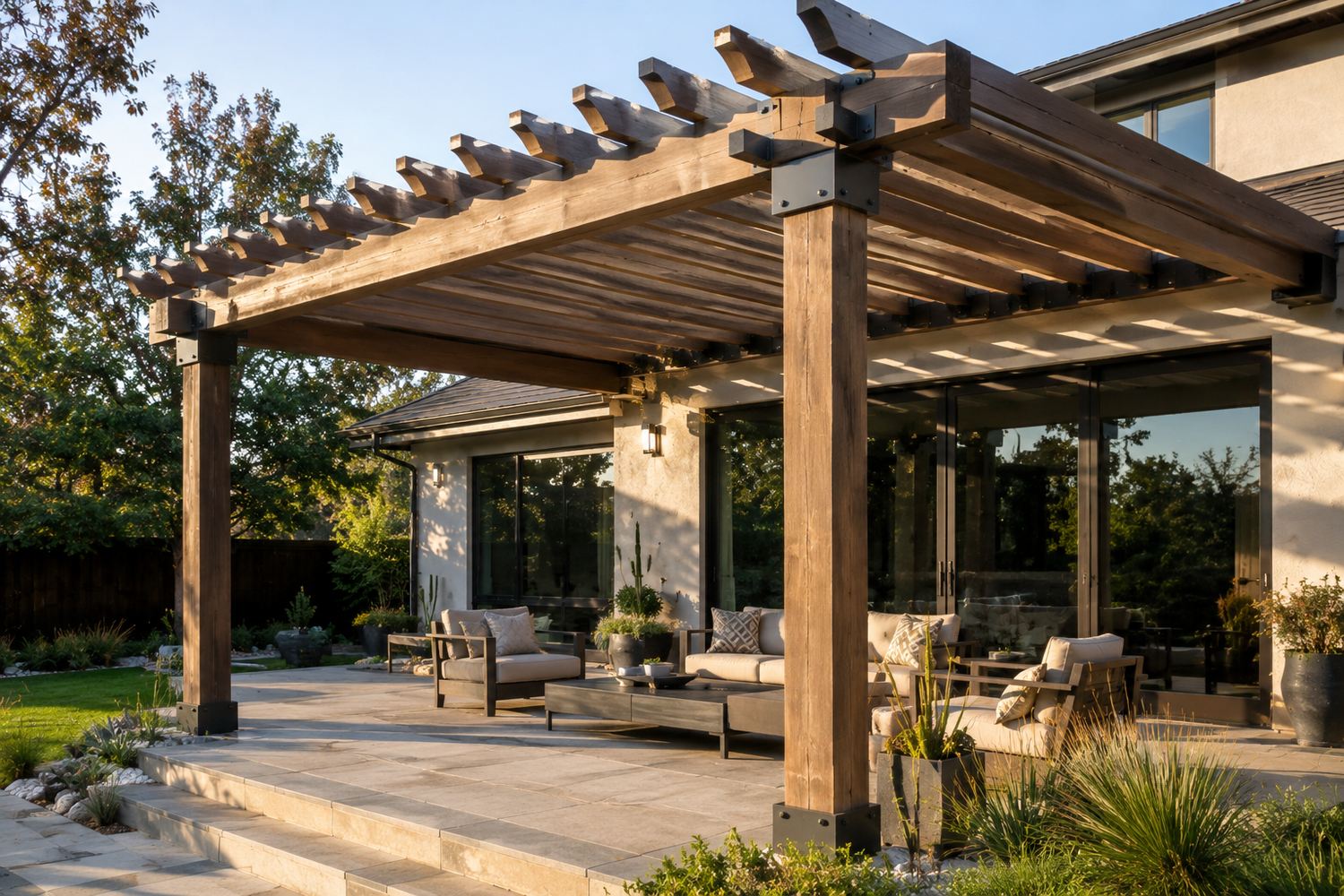 Engineered backyard pergola attached to a home