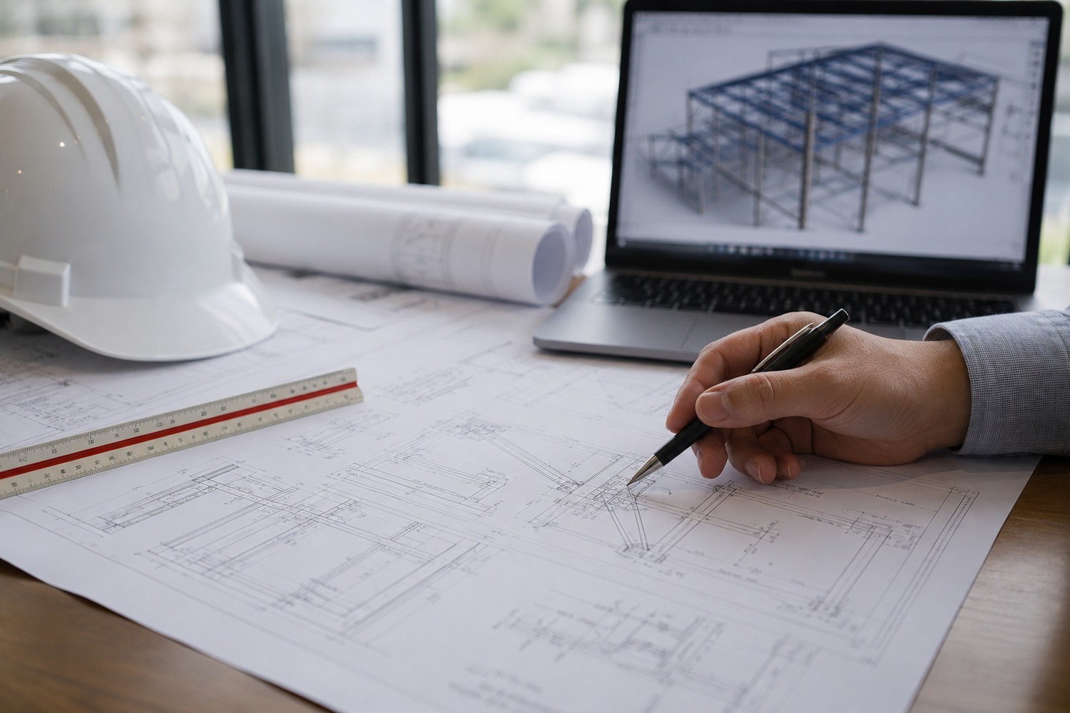 Engineer reviewing permit drawings
