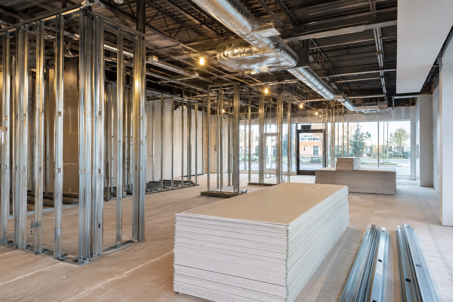 Commercial tenant improvement buildout with steel stud framing